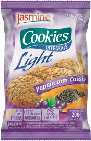 PAPAIS COM CASSIS.png - Cookies Integrais Light Papaia com CassisRico em fibras e ferroLivre de Gorduras Trans33% Menos açúcar Ingredientes: Farinha de trigo integral, farinha de trigo fortificada com ferro e ácido fólico, açúcar mascavo, óleos vegetais (palma,  milho e girassol), milho integral em pó, amido de milho, mamão desidratado, maltodextrina, sal, edulcorantes naturais maltitol e glicosídeo de esteviol, agentes de crescimento (fosfato monocálcico, bicarbonato de sódio, bicarbonato de amônio), estabilizante natural lecitina de soja, aromas e corante natural caramelo.Contém glúten.Disponível na versão: 200g. 